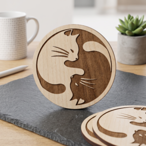 houten onderzetter kat - Yin en Yang