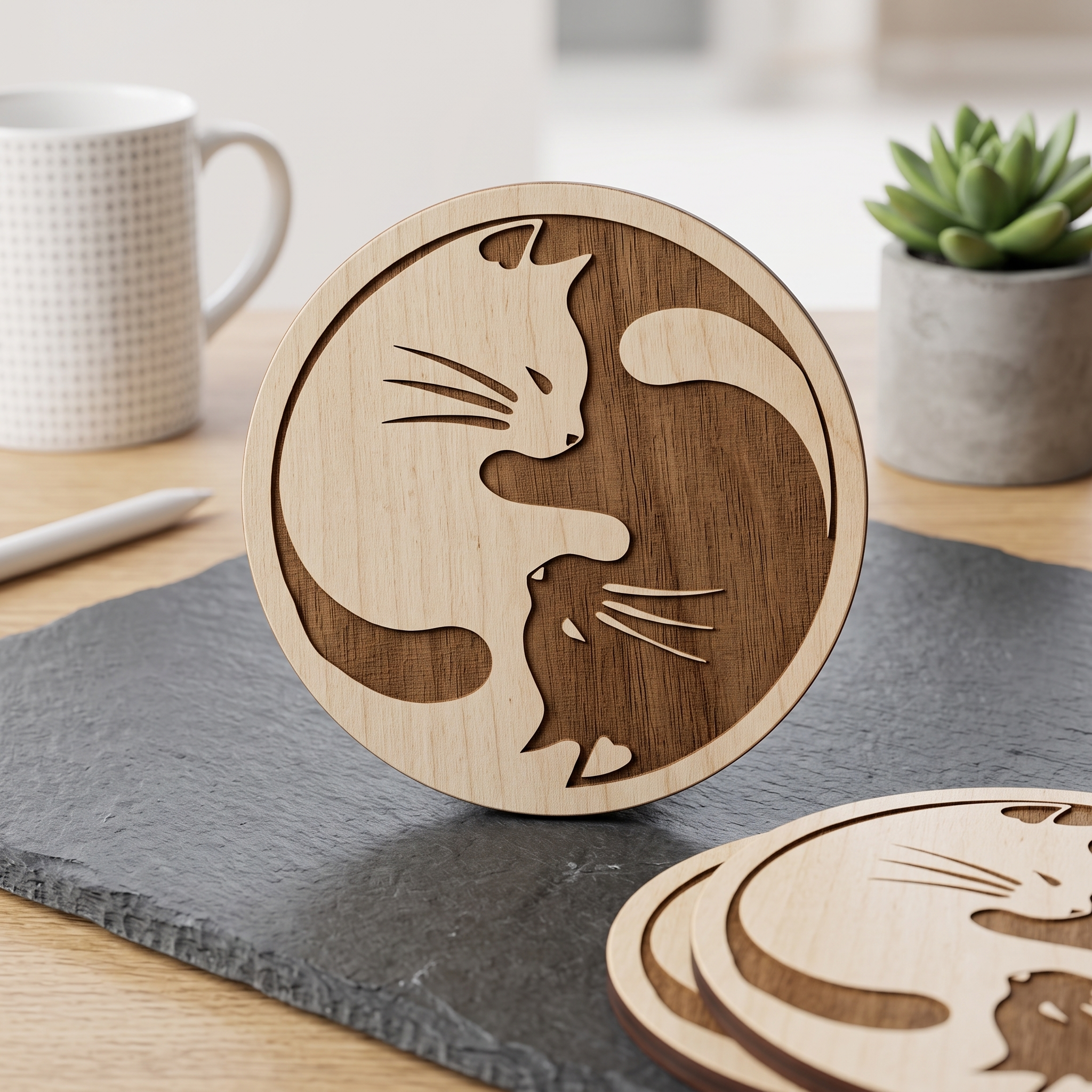 houten onderzetter kat - Yin en Yang