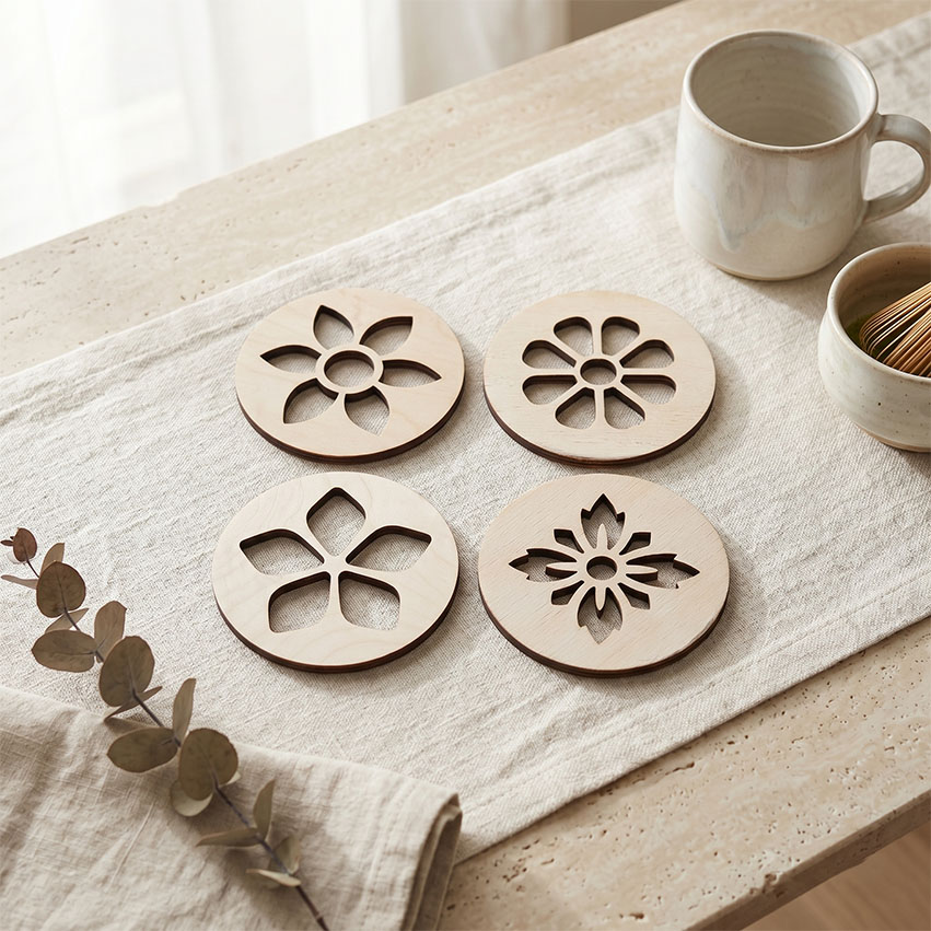 Houten Bloemen Onderzetters (4x)