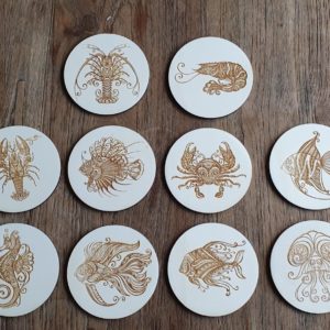 Houten onderzetters met zeedieren 10 stuks