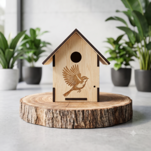 Houten vogelhuisje met vogelgeluiden en licht sensor