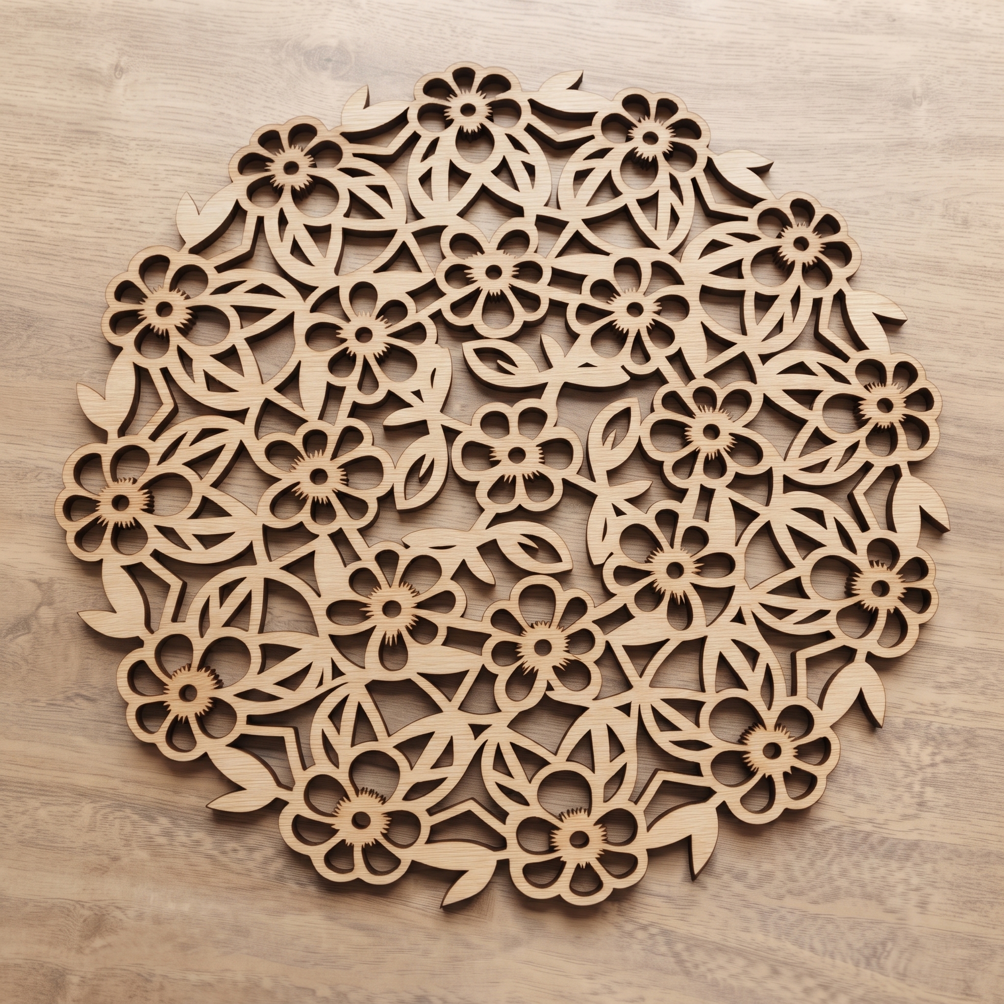 Houten Pannenonderzetter met kleine bloemen